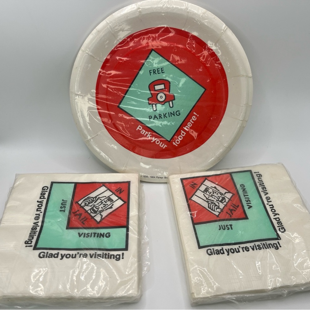 1984 Monopoly Snack Plate & Napkins 3pcs Jail Parking  America Greetings Vintage
